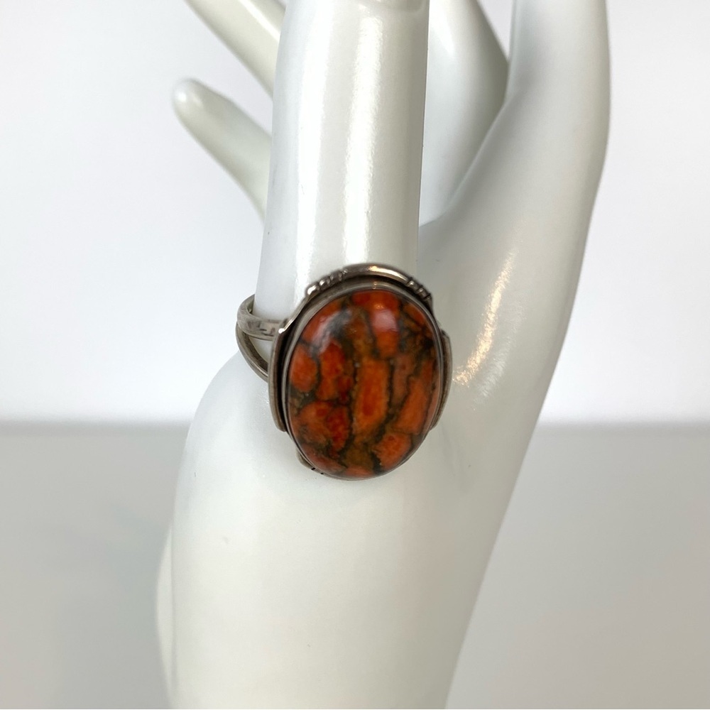 Sterling Silver Ring Oval Red Jasper Split Shank Sz 10.5 Stamped 925 Fiery Vtg - Picture 2 of 13